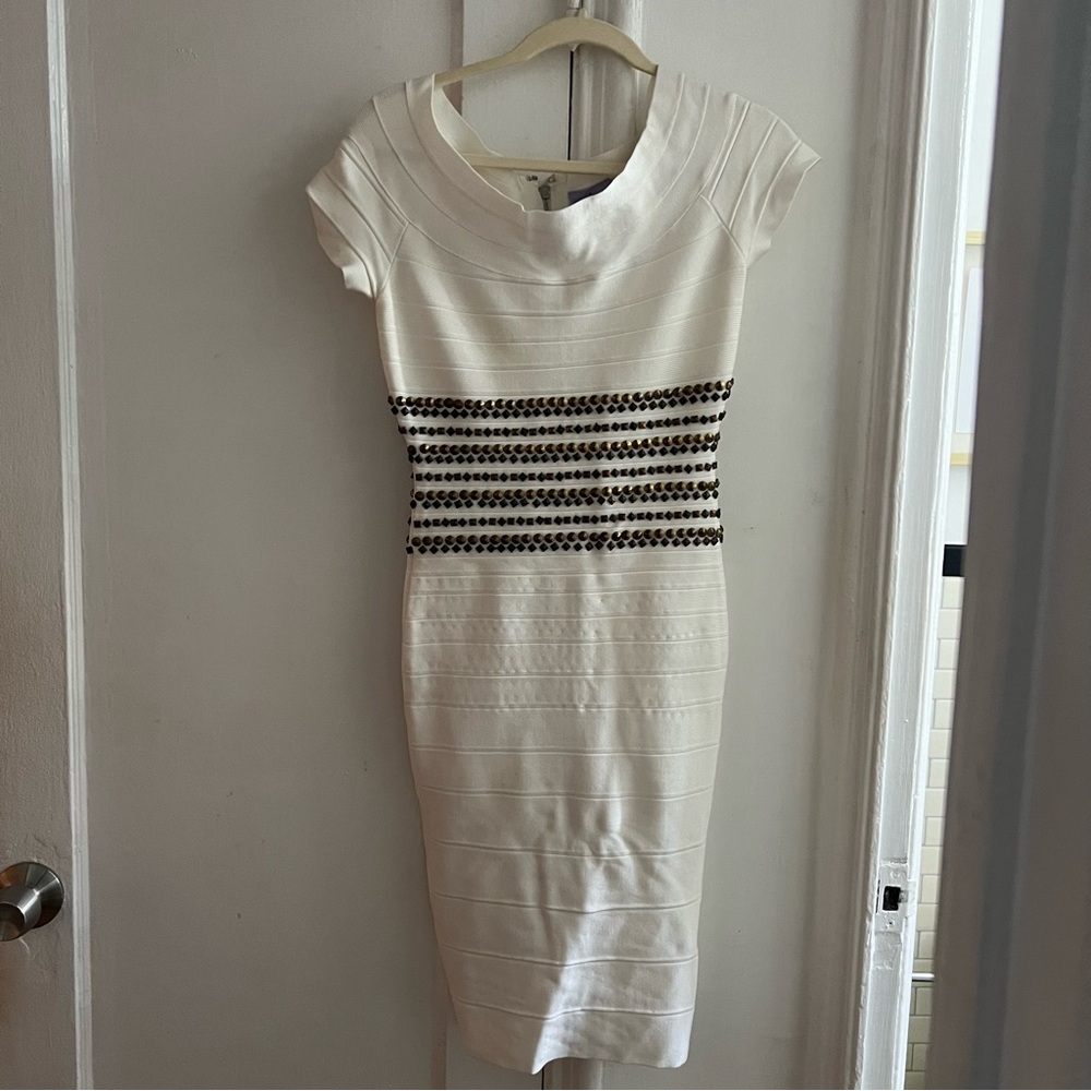 HERVE LEGER c2014 "Carmen" white Bandage Knit Studded Bodycon Cocktail Dress